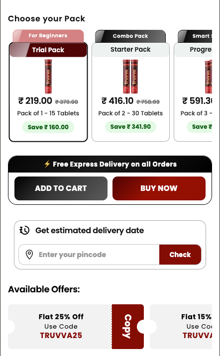 Custom product pack selector, delivery check and offer sections on a mobile Shopify page