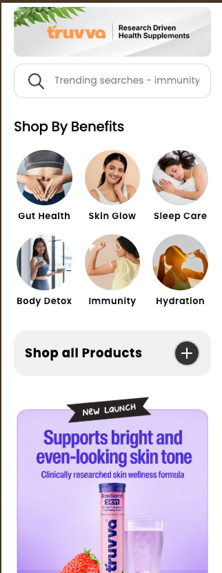 Truvva mobile menu with benefit-led product navigation