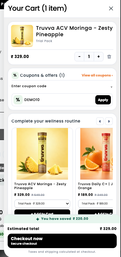 Truvva cart drawer with offers, related products and a savings indicator